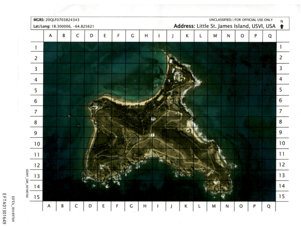 A satellite map of Little Saint James prepared as part of the federal investigation into Jeffrey Epstein. U.S. Department of Justice. 