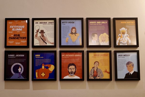 A display of fictional UChicago alumni found in Rosenwald Hall.