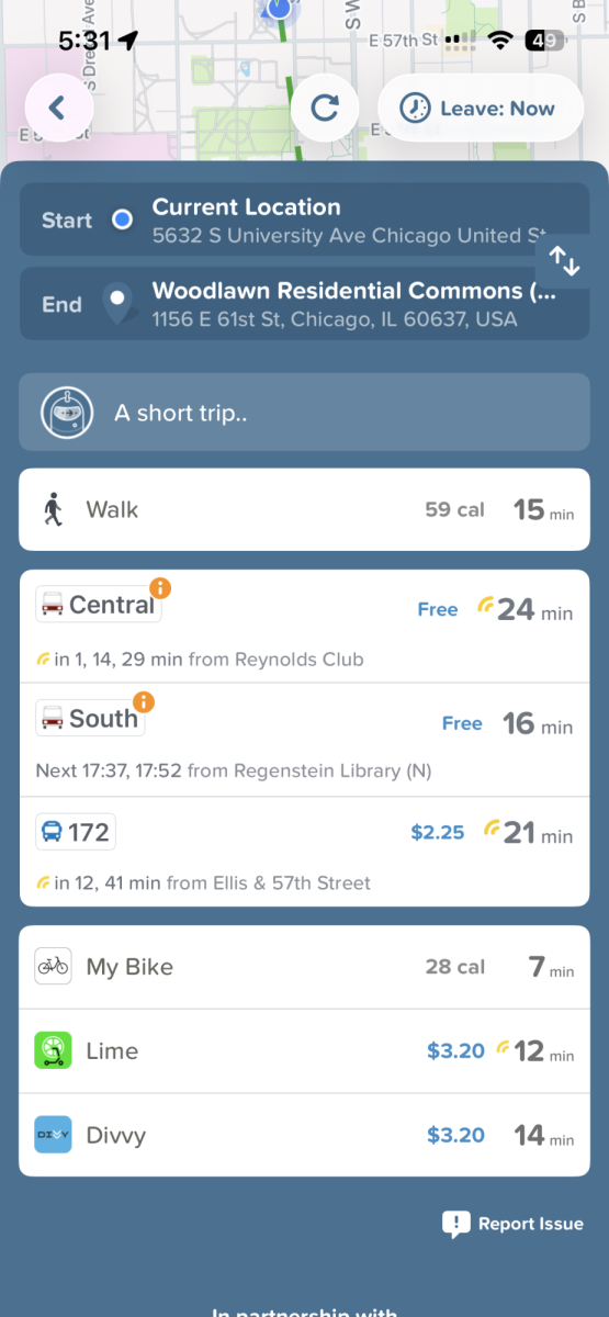 A screenshot of the user interface for Citymapper, featuring various transportation options, including the integration of UGo shuttles.
