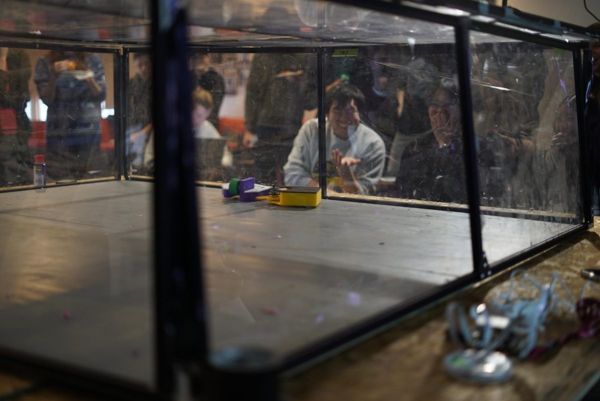 Judges watch two battlebots clash.