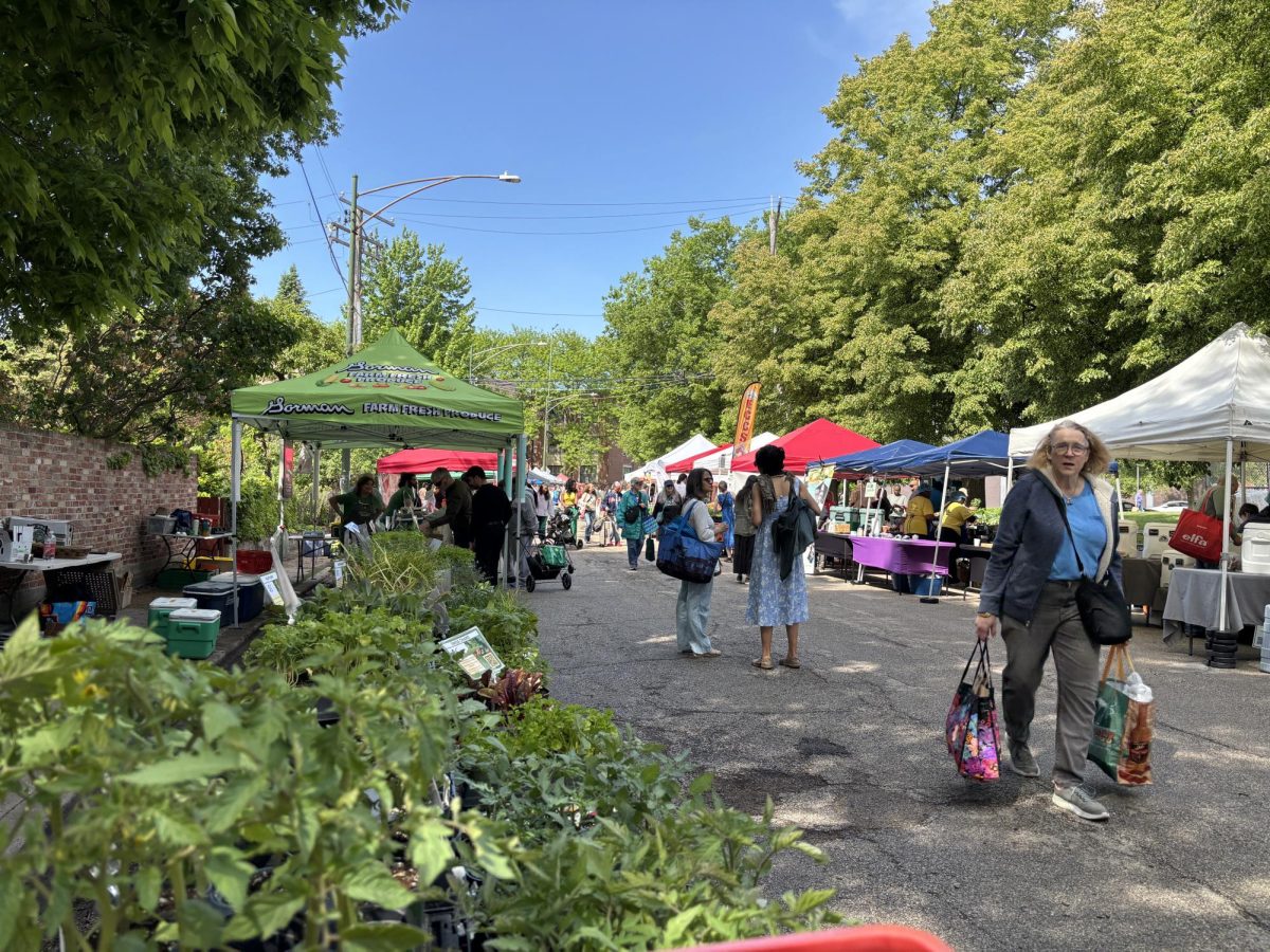 Vendors and customers at the 61st Street Farmers Market.