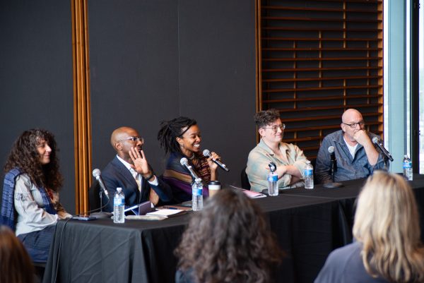 From left: panel moderator Jennifer Scappettone, and authors Teju Cole, Jamila Woods, Andrea Long Chu, and Richard Siken at the 2026 Literary Arts Lab Festival.